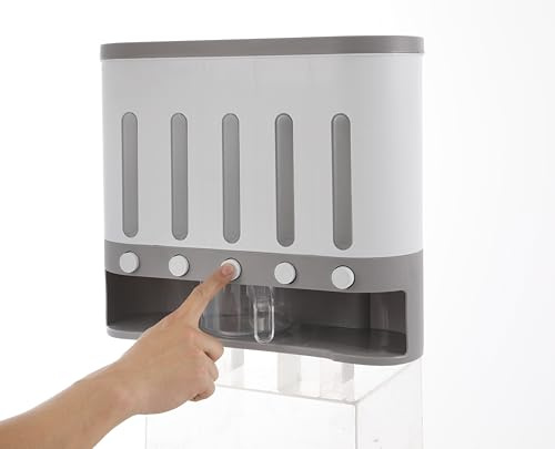 Bdneygtyr Müslidispenser 9 kg, majsflingor behållare med 5 fack, müslidispenser för små korn risbönor, livsmedelsdispenser kök, vit och grå