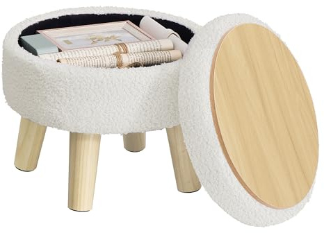 SONGMICS Storage Ottoman, Foot Stool, Round Ottoman with Padded Seat, Foot Rest with Wood Legs, Small Table, for Hallway, Living Room, 12.2 Inches, Teddy Fleece, White ULOM515WD01