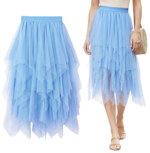 Keyck Falda Tul Mujer, Tutu Elástica Midi Larga Irregular Bajo la Faldas en Capas, Elegante Tutu Tul Falda Plisada A-Line, Carnaval Fiesta Bodas Disfraz Ballet Party, Azul