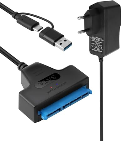Adaptador sata a usb 3.0, Cable SATA a USB Compatible SSD HDD 2,5 y 3,5, hasta 5Gbps con UASP, Incluye Fuente 12V 2A, Compatible con Windows, Mac OS, Linux para Disco Duro Externo Interno, 30cm