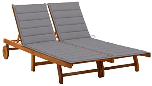 Hoopleep 2-personers solstol, akacia massivt trä, grå stoppning, justerbar, utomhus relaxstol med hjul för terrass, trädgård, pool, 200 x 118 cm