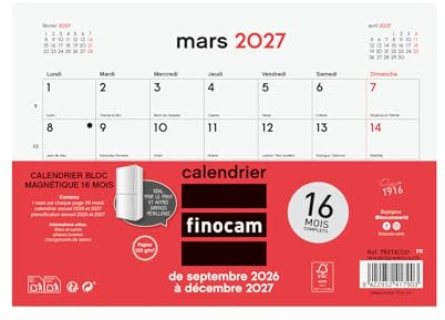 Finocam Calendario Bloc con Imán 16 Meses 2026 2027 | Mes Vista · Septiembre 2026 - Diciembre 2027 | Neutro · Idioma: Francés