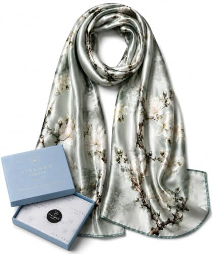 LIVLOKO LONDON 100% Pure Mulberry Silk Scarf for Women, Large 12 Momme Gift Box Luxury Silk Shawl & Wrap, Soft Lightweight Floral Scarf for Ladies, Fashion Neck Head Hair Scarf, 55 x 175 cm