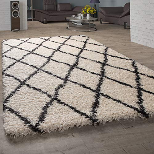 Paco Home Hochflor Teppich Wohnzimmer Shaggy Skandi Rauten Muster Kuscheliger Langflor, Grösse:200 cm Quadrat, Farbe:Creme