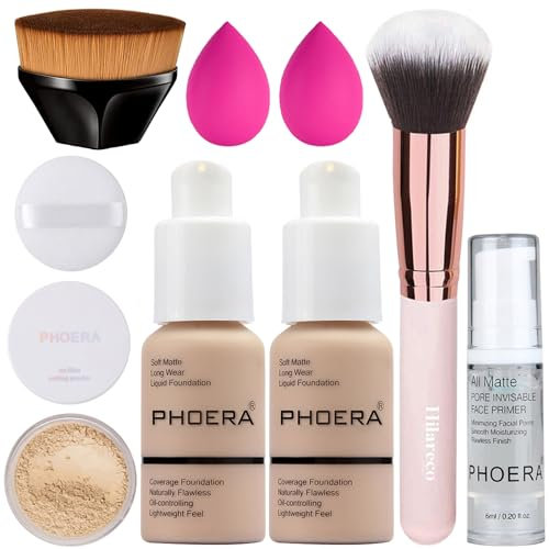 PHOERA Foundation,PHOERA Primer, PHOERA Puder,Concealer Cover Flüssigmatt Full Coverage, Make Up Foundation Pinsel and Puder Pinsel, Make up Schwamm Set (2 PCS 102# Nude)