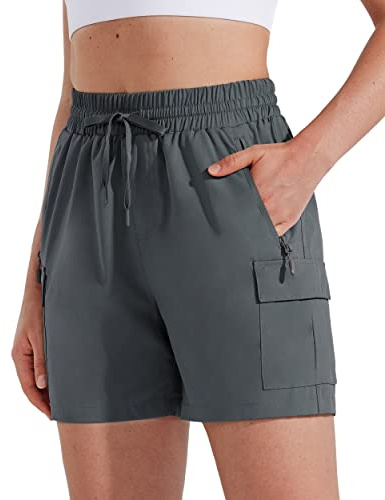 MASKERT Pantaloncini da Trekking Donna Cargo Short Sport Outdoor 5'' Pantaloncini da Corsa Running Estate Stretch Sportivi Shorts con Tasche, Grigio Scuro L