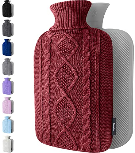 Botella de agua caliente con cubierta – Funda de punto suave – Gran capacidad de 1,8 l – Bolsa de agua caliente para aliviar el dolor, cuello y hombros (burdeos)