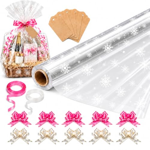 HURUC Snowflakes Cellophane Wrap Roll 40cm x 30m Clear | Snowflakes cellophane wrap for gift wrapping, Christmas presents, florist bouquets, hampers and DIY crafts.