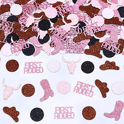 Western Cowgirl 1st Birthday Decoration, First Rodeo Confetti 200PCS for Western Cowgirl 1st Birthday - Pink Brown First Rodeo Boots Cowboy Hat Cow Head Circle Dot for Western Rodeo Party Supplies