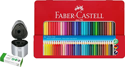 Faber-Castell 112435 - Buntstifte Colour Grip 2001, 36er Metalletui im Malset inklusive Dreifachspitzdose und hochwertigem Radierer