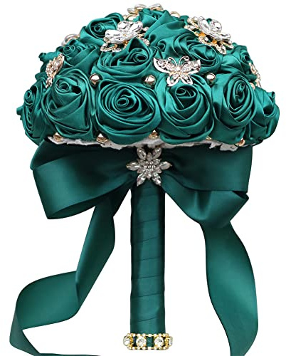 Sharebeauty Ramo de novia de 5.9 pulgadas, hecho a mano, rosa satinada, redondo, ramo de flores artificiales, color verde oscuro