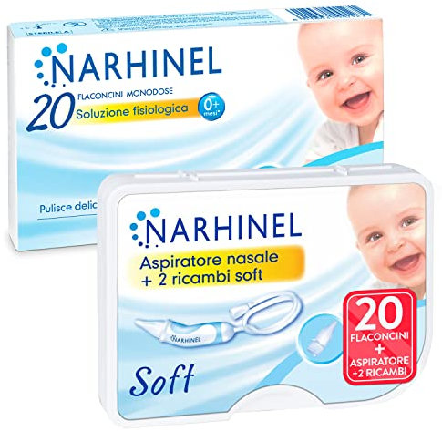 Pacchetto di Narhinel: Soluzione Fisiologica, 20 flaconcini monodose x 5 ml + Aspiratore Nasale Soft per Neonati e Bambini con 2 Ricambi Soft