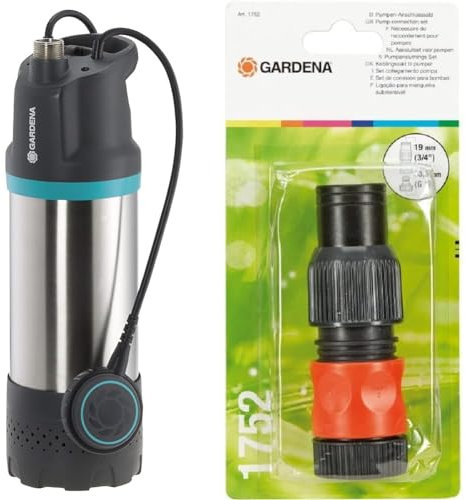 Pompe immergée Gardena 5900/4 inox : pompe immergée auto, débit de 5900 l/h, avec filtre à impuretés & Set de Raccordement Grand Débit pour Pompes de Gardena : Raccord de Tuyau