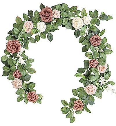 Lookein Artificial Rose Flower Garland Greenery Garland 5FT for Wedding Ceremony Backdrop Arch Flowers Table Centerpieces Decorations, Garden Dusty Rose