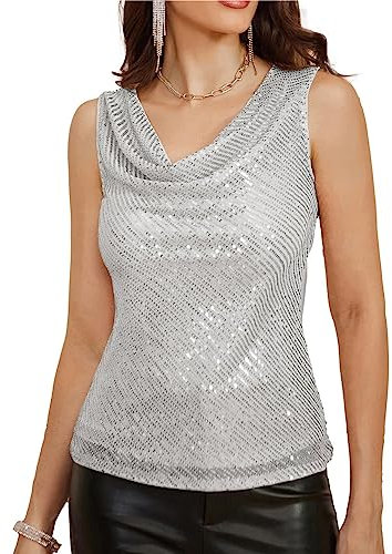 GRACE KARIN Femmes Haut à Paillettes sans Manches Col Bénitier Soirée Fête Blouse Brillante Extensible Doublée