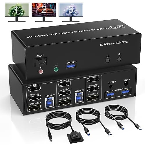 USB 3.0 HDMI + 2 DisplayPort KVM Switch 3 Monitore 2 Computer, 4K@60Hz Triple Monitor KVM Switch 2PC 3 monitore mit 3 USB 3.0 Ports und Audio Mikrofon, Tastatur Maus Umschalter
