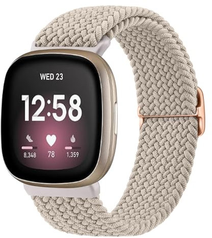 Mugust Armband für Fitbit Versa 3/4/Sense/Sense 2, Geflochtenes Ersatzarmband, Elastisches Nylon Armband für Damen Herren (Milchtee Farbe)