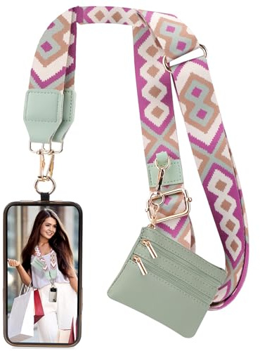 XANGNIER Clip and Go Strap for Phone with Wallet Crossbody, Phone Strap with Zippered Wallet, Adjustable Anti Theft Cellphone Lanyard for Women, Cellphone Chain Accessories Green