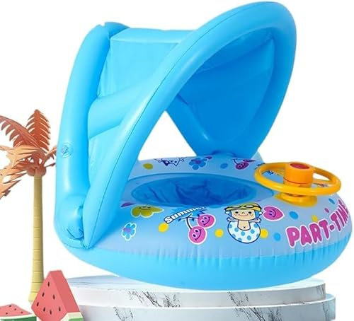 Salvagente gonfiabile con tettuccio parasole, per bambini fino a 15 kg, copertura rimovibile, volante girevole con clacson, aiuto per il nuoto per piscina e spiaggia