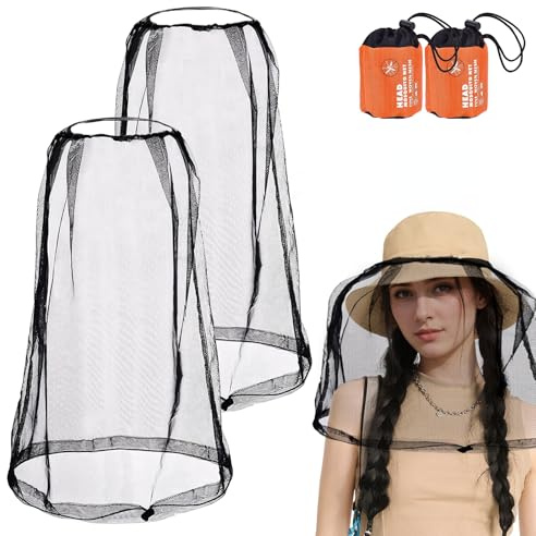 2 Pack Mosquito Head Net Mesh Hat Midge HeadNet Garden Bug Face Shield Insect Repellent NetHead Mosquito Net, Insect Mesh Face Covering for Hiking Camping Bug Bee Keeper Gardening