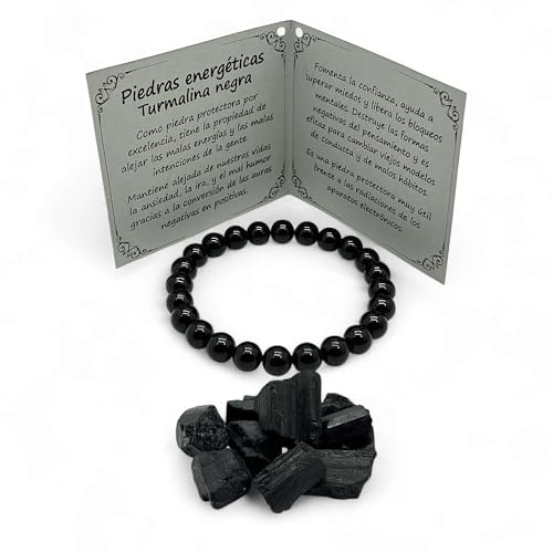 TURMALINA® - Braccialetto nero in pietra naturale - Perline sferiche da 8 mm - Pietre preziose energetiche per donna e uomo - Protezione dalle onde elettromagnetiche - Allontana il male, 19 cm