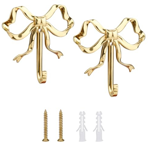 lasuroa 2stk Wandhaken mit Schleifenknoten, 6,6x6,4cm Goldfarben Schmetterlings-Türhaken Dekorative Schleifen Wandhaken für Mäntel Hüte Taschen Handtücher Kaffeetassen