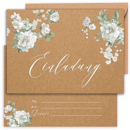E&G Klasse 10x Einladungskarten weiße Rosen Kraftpapier Optik mit 10 Umschlägen Erwachsene Frauen A6 Braun Weiß Einladungskarte Feier Fest Einladung Party Hochzeit Jubiläum