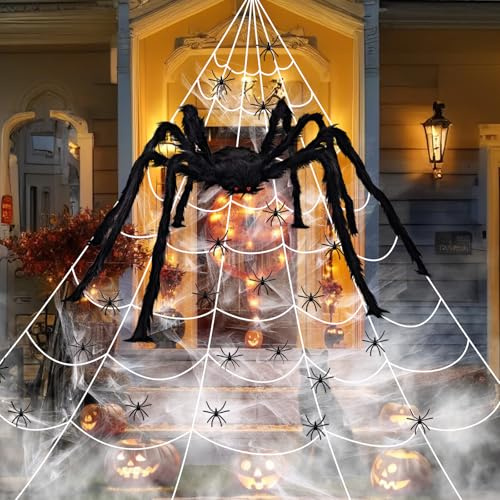 Halloween Decorazione Ragnatela, Ragnatela di Halloween, 7 x 5.5m Ragnatela Triangolare + 20 Mini Ragni + 90cm Ragno Gigante + 40g Ragnatela, Ragnatela Elastica, per Halloween Decorazioni Feste