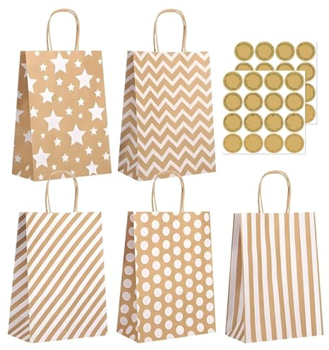 20 bolsas de regalo con asa, 22 x 16 x 8 cm, bolsas de papel con asa, bolsas de papel kraft, bolsas de regalo pequeñas para embalaje, compras, fiestas, cumpleaños, bodas