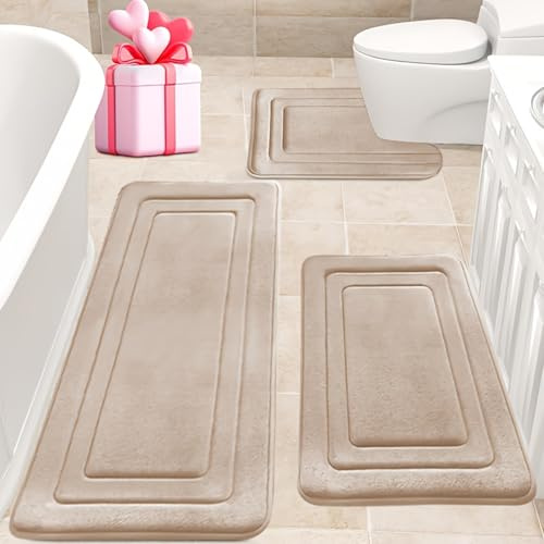 Jyswx Juego de 3 alfombras de baño de espuma viscoelástica, antideslizante y absorbente, lavable, suave y de secado rápido, alfombrilla de baño para ducha, inodoro y bañera, color camel
