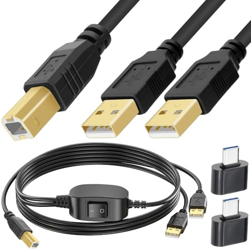 HAAMNING7 USB-B till USB-A Printer Cable Splitter, USB-B hane till dubbel USB-A hane 1 i 2 Out Share Kabel med Växla Switch för skrivare, inkless, bärbar dator, med USB till Type-C-adapter (2,5 m/8,2