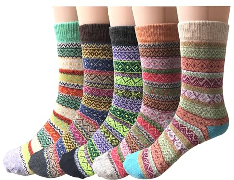 5 Pairs Womens Socks Wool Thermal Warm Knitting Ladies Socks for Winter, One Size, Mix 1