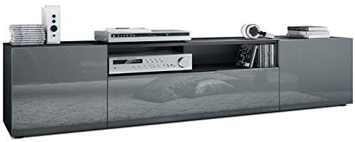 Vladon Lowboard Mogan, TV-Kommode mit 2 Türen, 1 Klappe und 1 offenes Fach, Schwarz matt/Grau Hochglanz (181 x 39 x 35 cm)