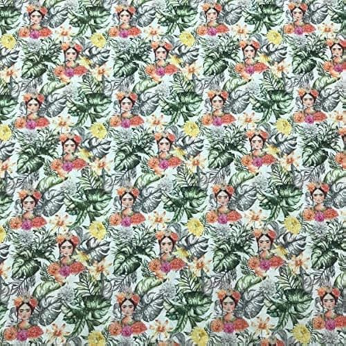 Kt KILOtela - Patchwork-tyg – digitalt tryck – 100 % bomull – lapptäcke 100 cm längd x 140 cm bredd, frotté, tropiska blad – grön, gul, rosa, orange – 1 meter