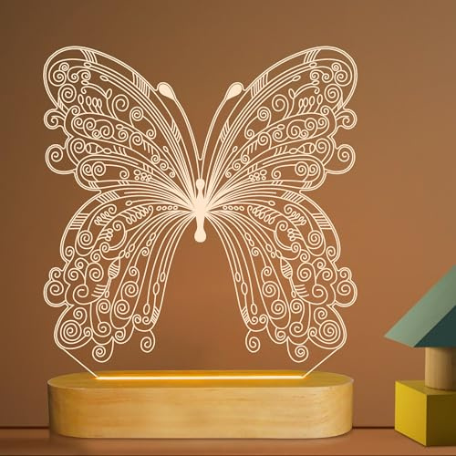 Veilleuse illusion d'optique 3D en forme de papillon pour enfants, bébés, filles, décoration de chambre à coucher, cadeau de décoration de chambre à coucher, couleur blanc chaud, base en bois, lampe