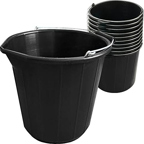 KetoPlastics 10x Heavy Duty Black Plastic Builders Bucket 3 Gallon 14 Litre Water Mixing Storage Strong with Handle and Spout Ideal for Construction Trade, Animal Feed, etc Made in U.K.