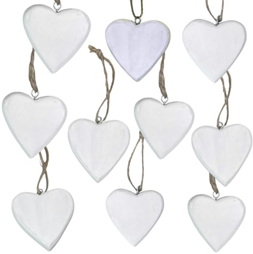 10 ciondoli in legno a forma di cuore con nastro di iuta, circa 4,5 x 5 cm, pendenti decorativi, cuori piatti in legno da appendere (bianco)