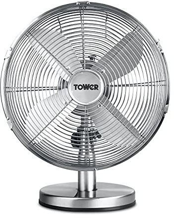 Tower T605000 Metal Desk Fan with 3 Speeds, Automatic Oscillation, 12”, 35W, Chrome