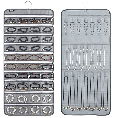 ANZORG Doppelseitiger Schmuck-Organizer zum Aufhängen mit 40 Reißverschlusstaschen und 20 Hakenschlaufen, Ringe mit 360 Grad drehbarem Aufhänger (40 Reißverschlusstaschen und 20 Hakenschlaufen), Grau