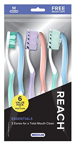Reach Essentials Toothbrush with Toothbrush Covers, Multi-Angled Medium Bristles, Contoured Handle, Tongue Scraper, 6 Count