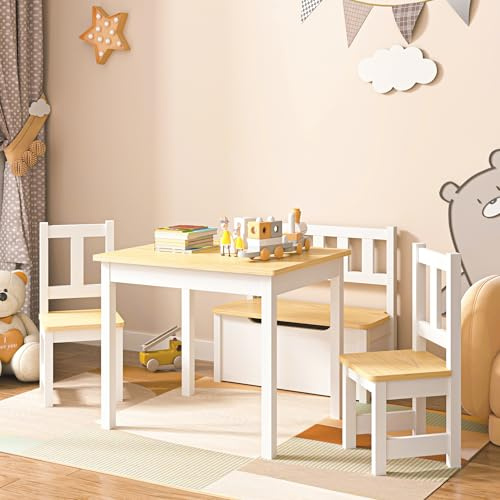 [en.casa] Kindertischset Lousame mit aufklappbarer Sitzbank und 2 Stühlen Kindertisch-Set Kindermöbel Sitzgruppe Kiefernholz Natur/Weiß
