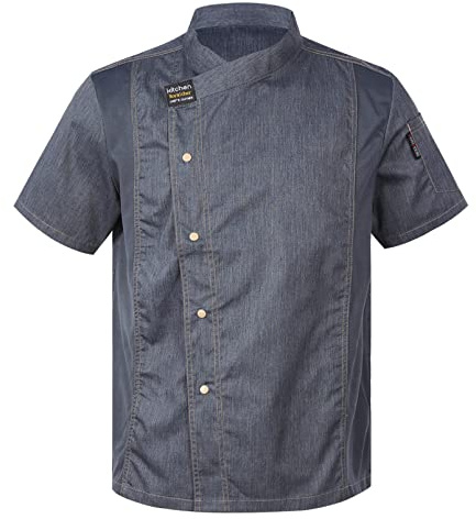 dPois Veste de Chef Cuisinier Homme Femme Manches Courtes Vêtements de Chef Manteau Uniforme Restaurant Blouse de Cuisine Professionnel Travail - Taille Petit