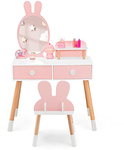 Maxmass 2-in-1 Kids Vanity Table and Chair Set, Wooden Children Make Up Table with Detachable Mirror, 2 Pull-out Drawers and Storage Shelf, Toddlers Dressing Table Set for Girls (Pink)