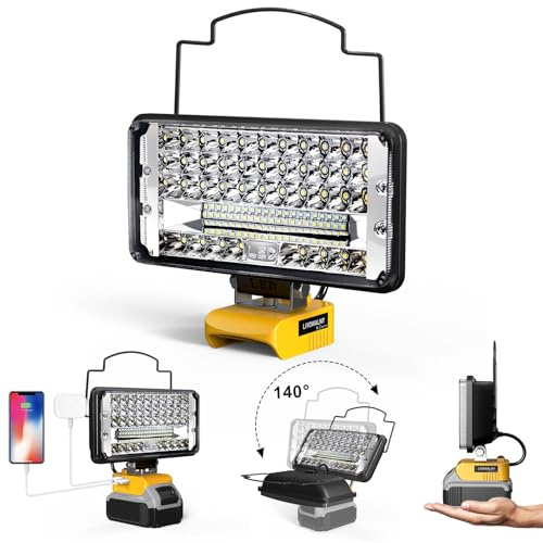 LIVOWALNY LED Work Light Compatible with Dewalt, 148W 14800LM 7 Flood Battery Light, Cordless LED Flashlights with USB & Type-C & Low Voltage Protection & 140° Pivoting Head for Emergency & Job Site