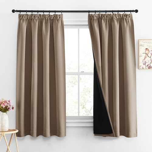 PONY DANCE 100% Blackout Pencil Pleat Curtains - Double Layered, Short Thermal Insulated Curtains & Drapes for Bedroom/Kitchen, 2x W55 X L63, Mocha