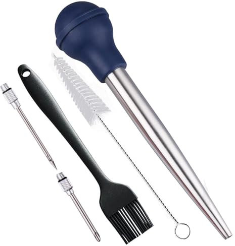 IFFMYJB Turkey Baster, 18/8 Stainless Steel Turkey Baster Syringe for Cooking, Meat Injector Baster Set & 2 Needles & 2 Cleaning Basting Brush, Baster for Flavor Meat Poultry, Beef & Chicken Ect Blue