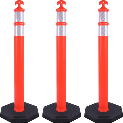 OranLite Traffic Delineator Post Cones with Heavy-Duty Octagonal Rubber Base, Channelizer Post Kit for Road Construction Work, Traffic Guidance, Garage Parking, Crowd Control (3, 45)