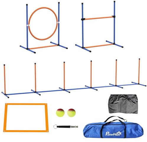PawHut Agility Equipment Set für Hunde, 8-teiliges Agility-Kit für den Außenbereich, mit gewebten Stangen, Verstellbarer hoher Sprungring, Hürde, Pausenbox, Tennisbälle, Pfeife, Trainingsshorts