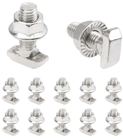 Rrina 12 Sets M8x25 304 Stainless Steel Hammer Head T-Slot Drop-in Stud Sliding Bolt Screw Flange Nut for 40 Series European Standard Aluminum Profile