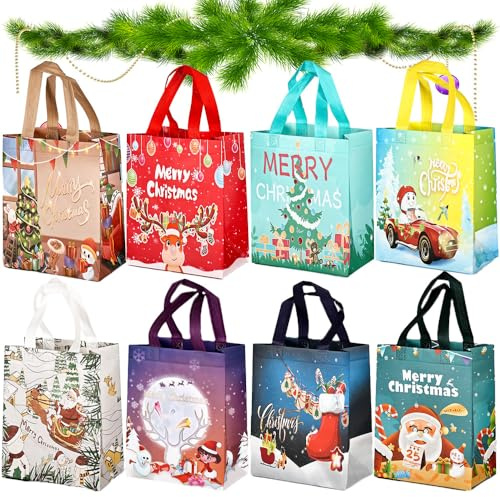 8pièces Sacs de Noël Avec Poignée,21×12×26cm Grands sacs pour cadeaux de noel,Sac Cadeau Noël en Non Tissé Réutilisables pour Fournitures de Fête pour Cadeaux,Livraison,Décoration de Fête et Shopping